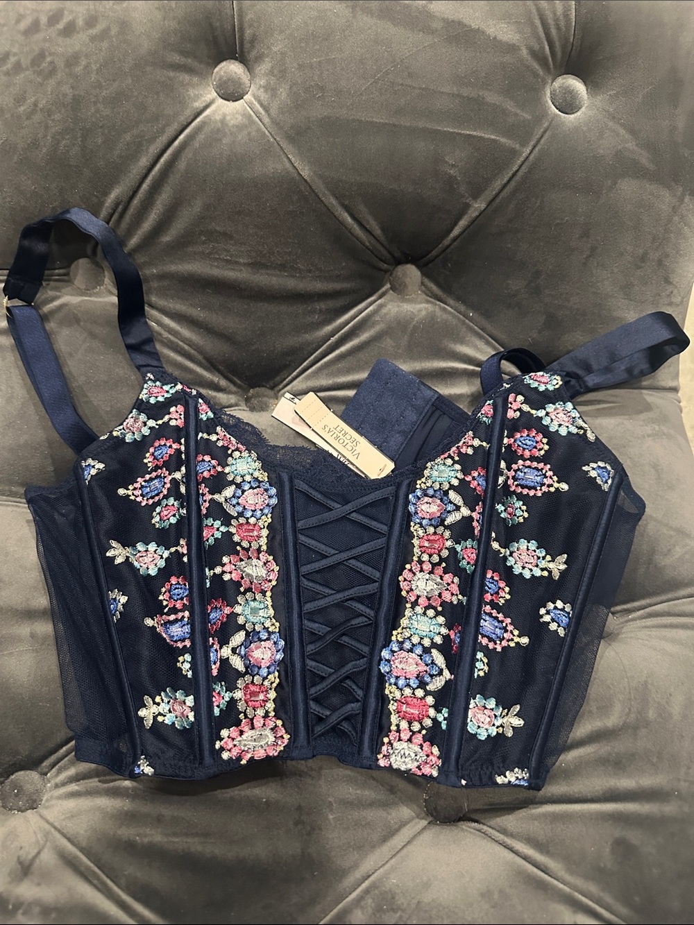 Victoria’s Secret Embroidered Navy Corset-Style Women's Top